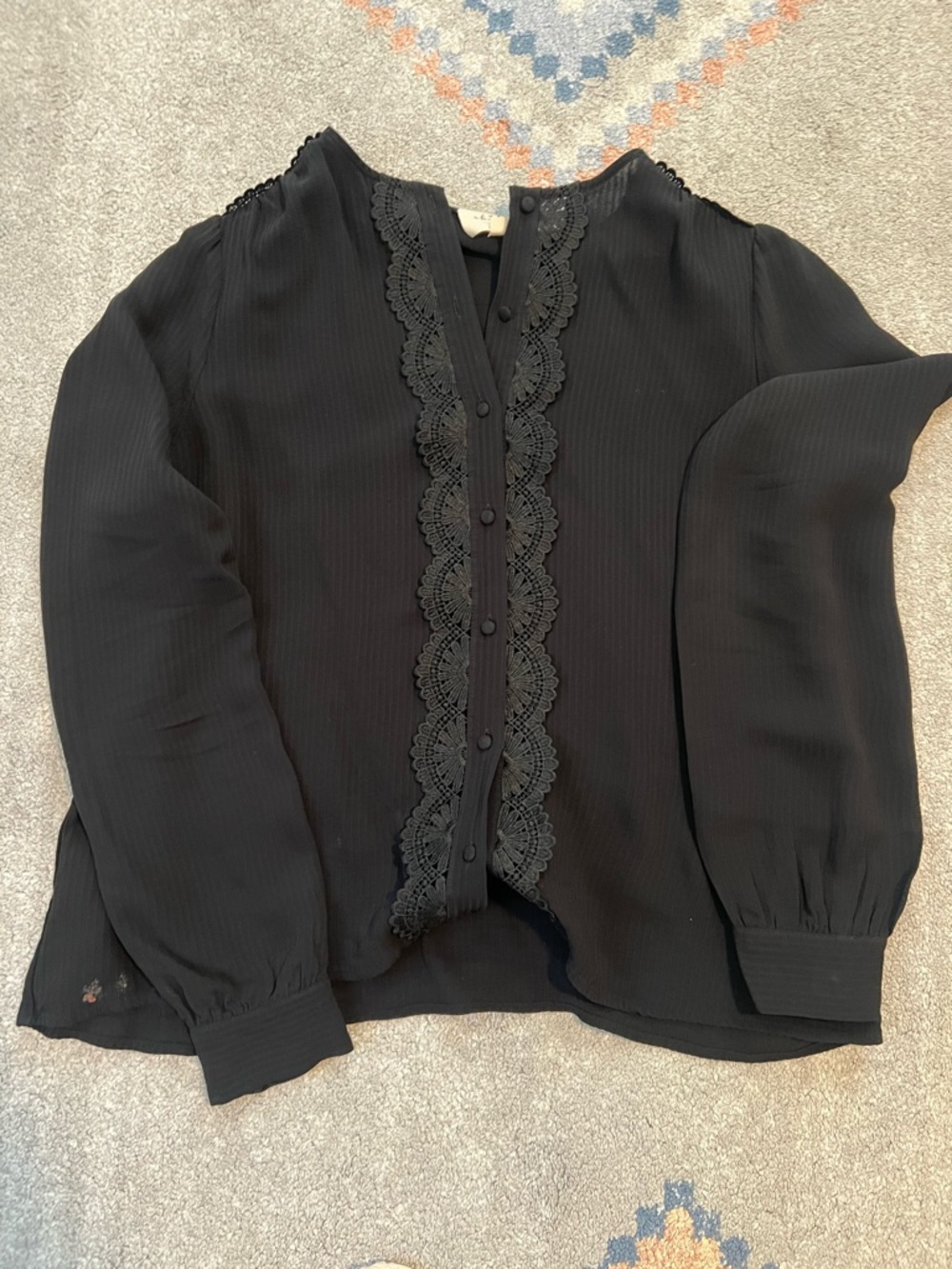 Sezane Black Lace-Trim Long Sleeve Women's Top
